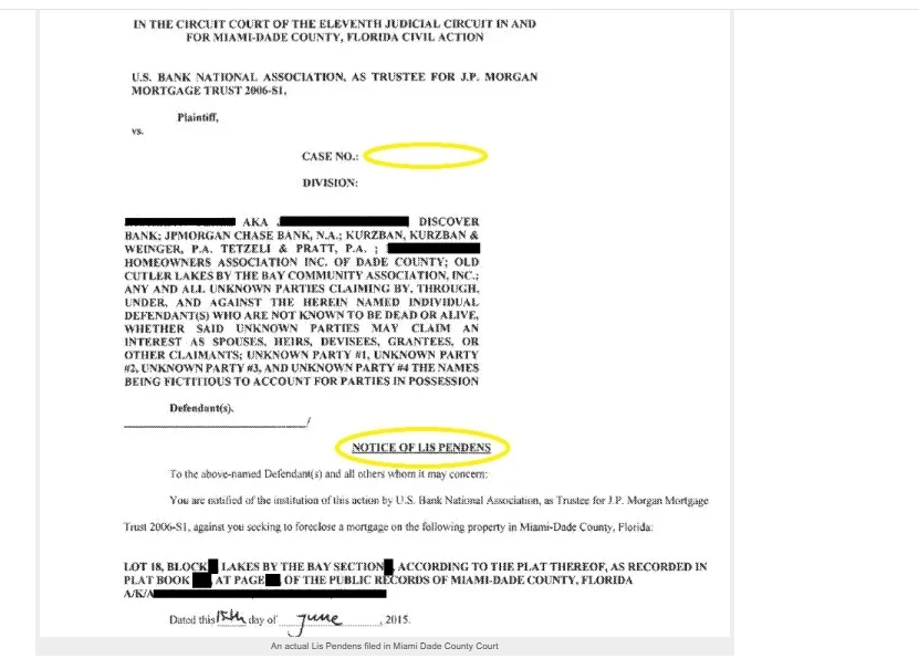 An actual Notice of Lis Pendens filed in the Circuit Court of Miami-Dade County, Florida