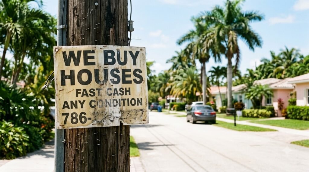 We buy houses South Florida sign on a residential street