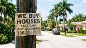 We buy houses South Florida sign on a residential street