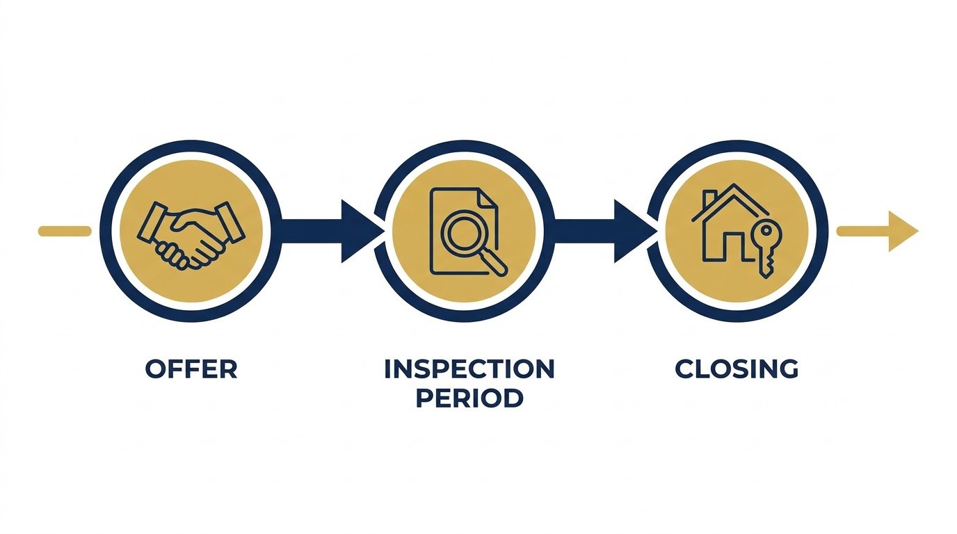 Timeline graphic showing the as-is home sale process in Miami: offer, inspection period, and closing