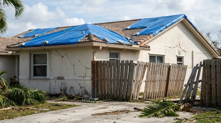 South Florida home with storm damage typical of an as-is sale in Miami