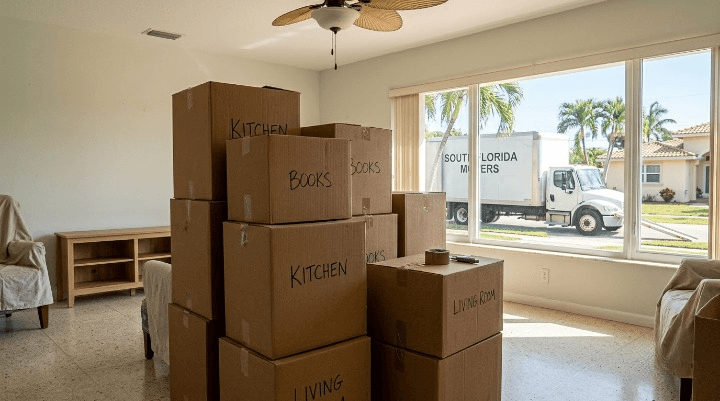 Moving boxes packed for a relocation sale of a South Florida home