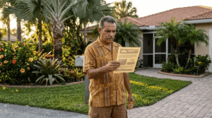Homeowner in South Florida reviewing a cash home buyer offer with a skeptical expression