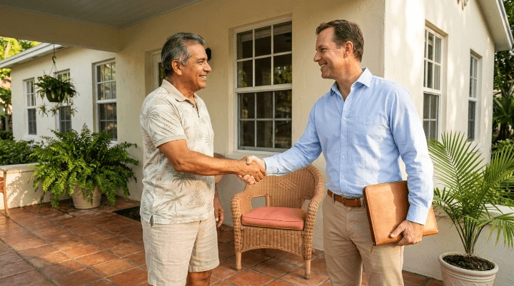 Local South Florida cash home buyer meeting a homeowner in person to discuss a legitimate offer