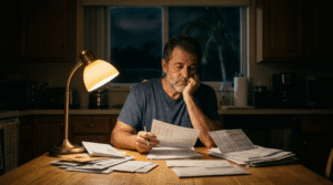 Miami homeowner reviewing mortgage paperwork at a kitchen table late at night