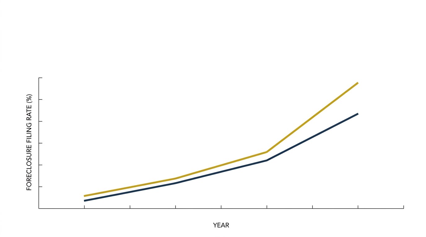 Comparison graphic of foreclosure filing rates across Miami-Dade, Broward, and Palm Beach counties in South Florida