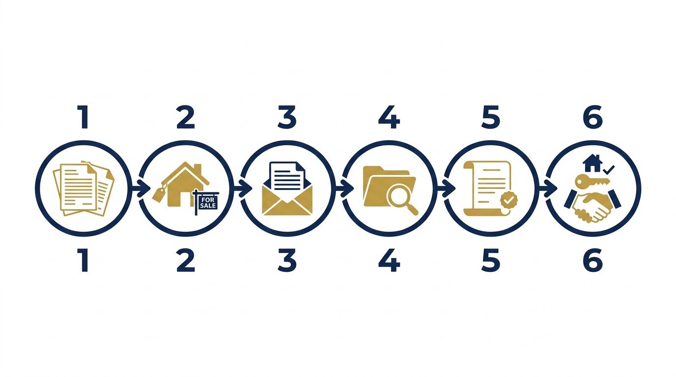 Timeline infographic showing the six steps of a Florida short sale from hardship documentation to closing