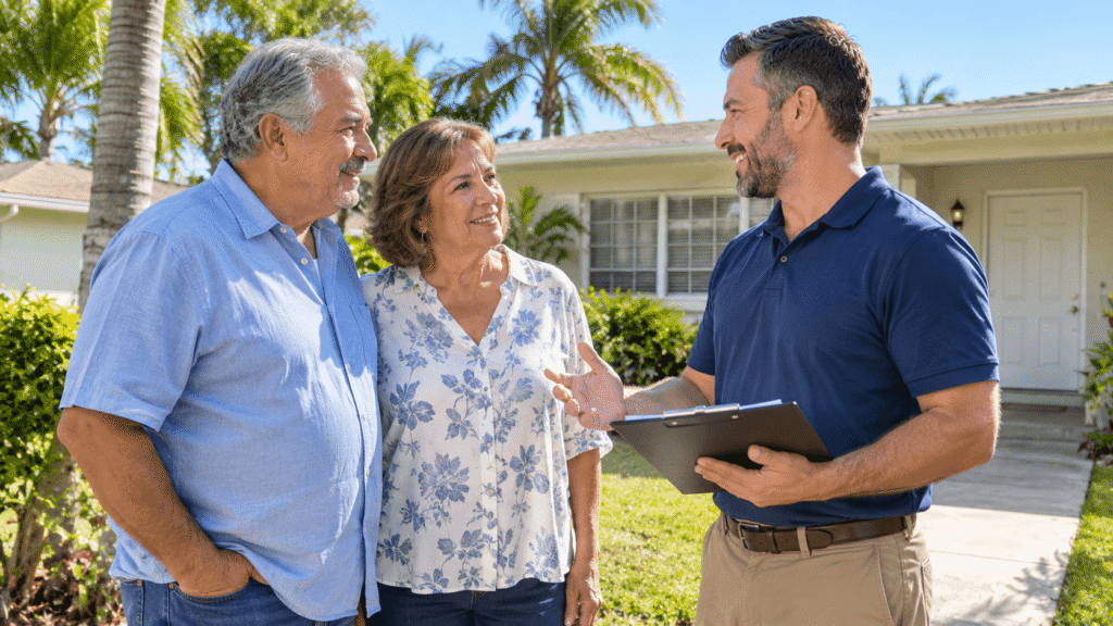 Local cash home buyer in Miami meeting homeowners at their house