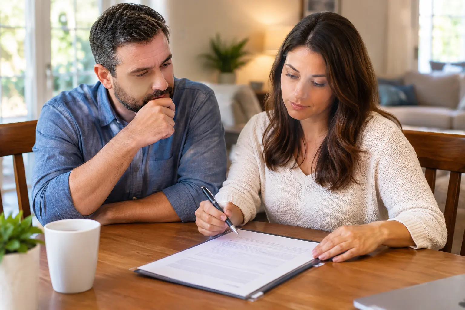 Homeowner reviewing a cash offer document with a pen in hand