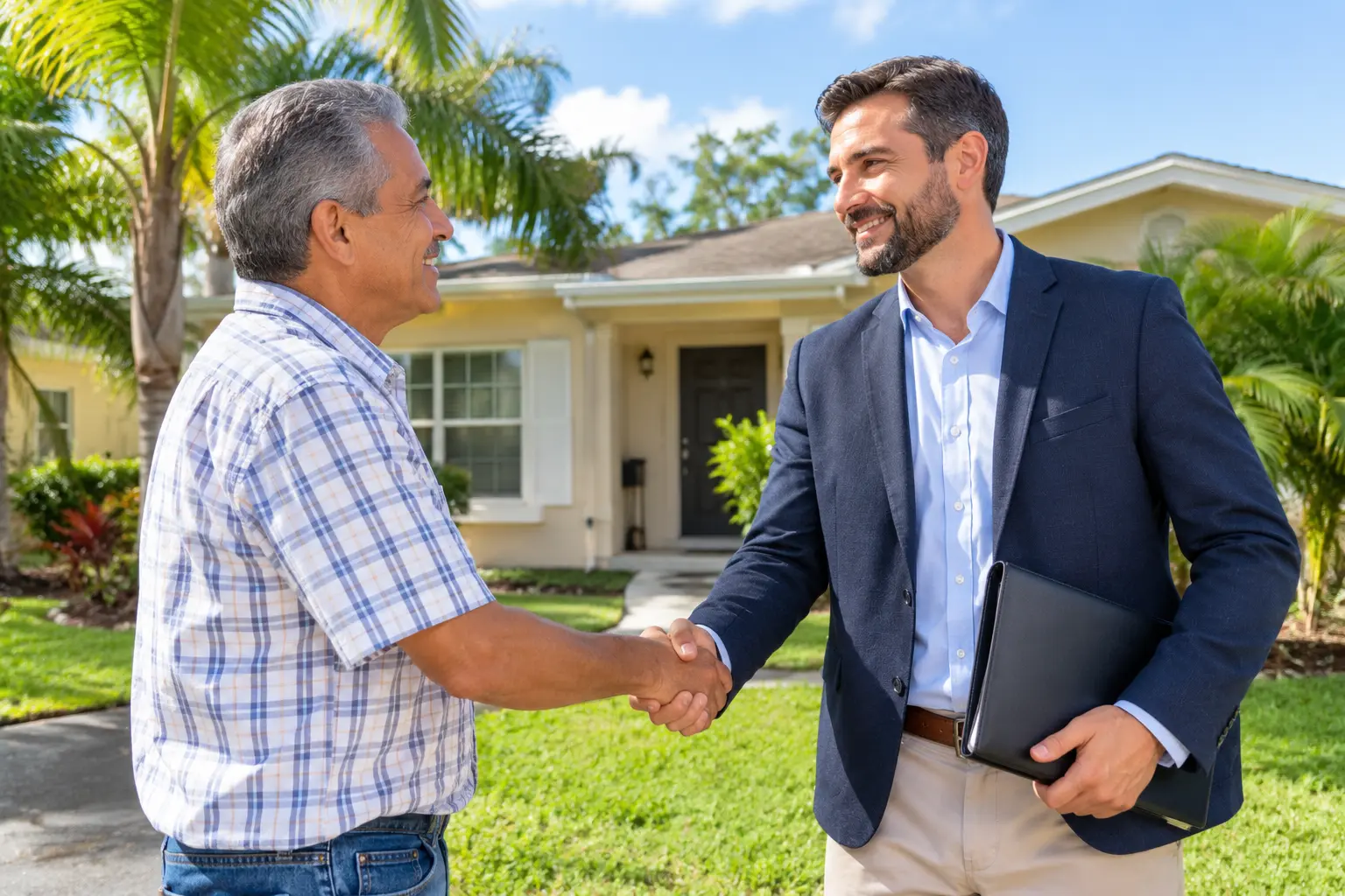 Two people shaking hands after agreeing a cash home sale in Florida