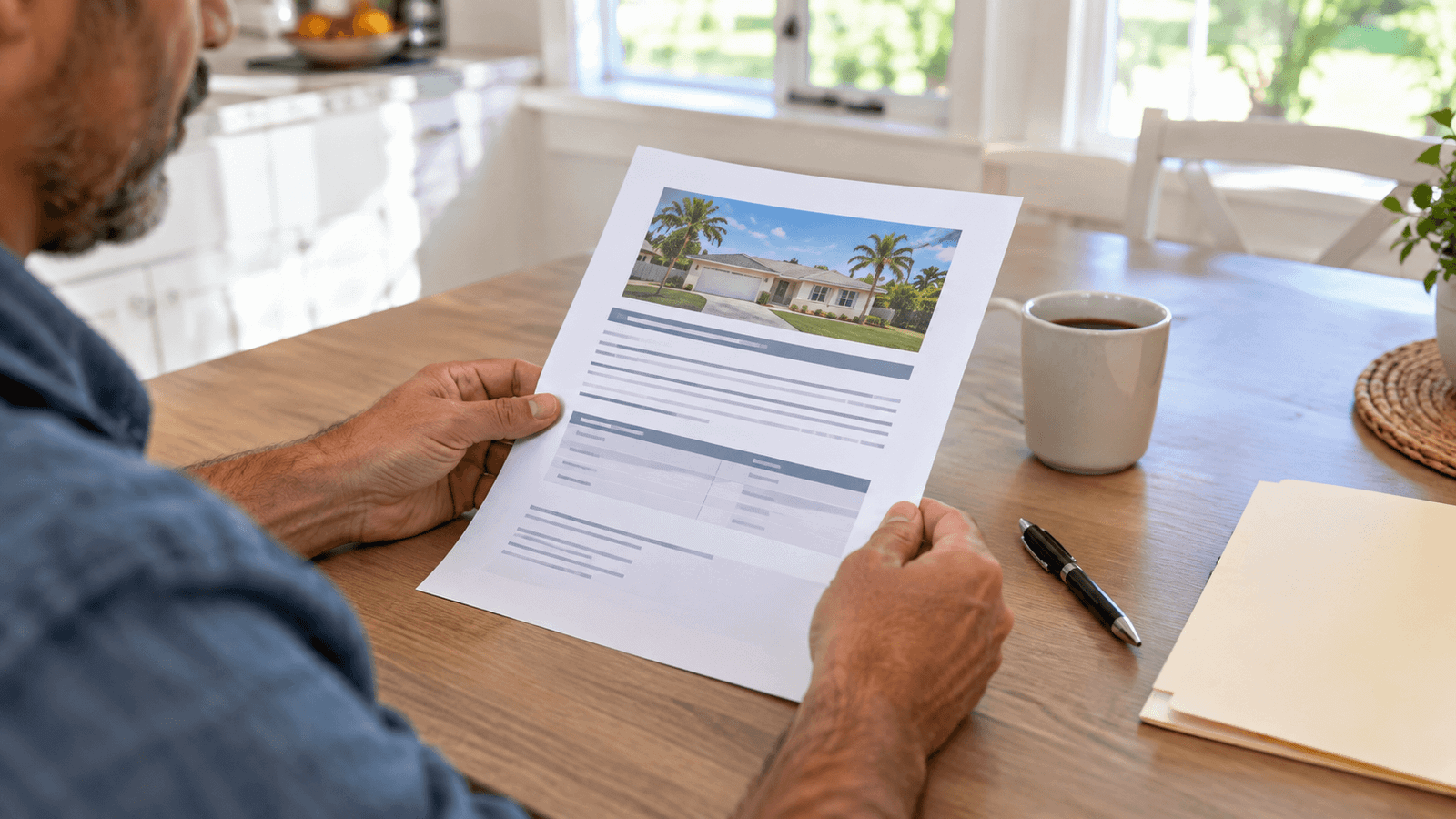 Homeowner reviewing a written cash offer to sell a house in Miami