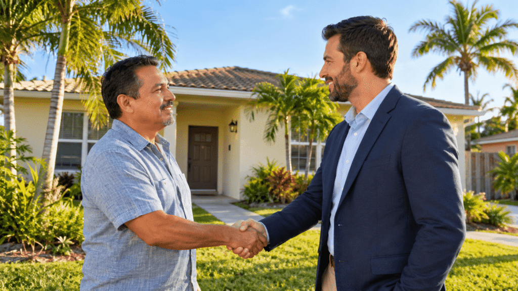Miami homeowner shaking hands with a cash home buyer outside a stucco house