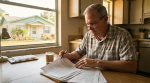 Landlord reviewing a lease agreement next to a rental property in Florida