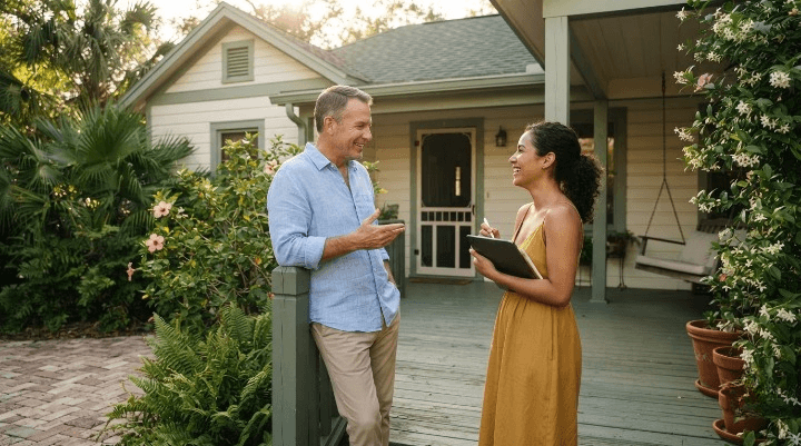 Tenant and landlord discussing a home sale while the tenant remains in the property