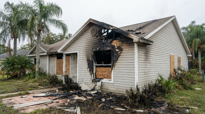 Fire-damaged house exterior in Florida with visible smoke and structural damage