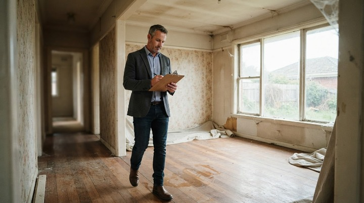 Cash home buyer inspecting a damaged property in South Florida