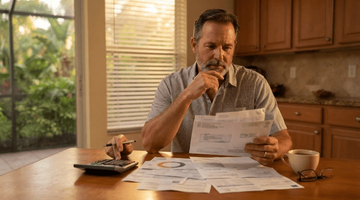 Florida homeowner reviewing mortgage bills before deciding to sell fast