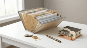 Documents needed to sell a house in Florida organized in a folder
