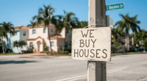 We buy houses sign on a residential street in Miami