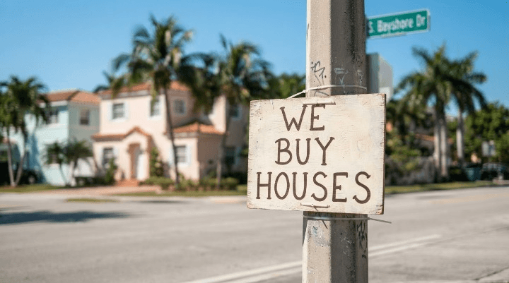 We buy houses sign on a residential street in Miami