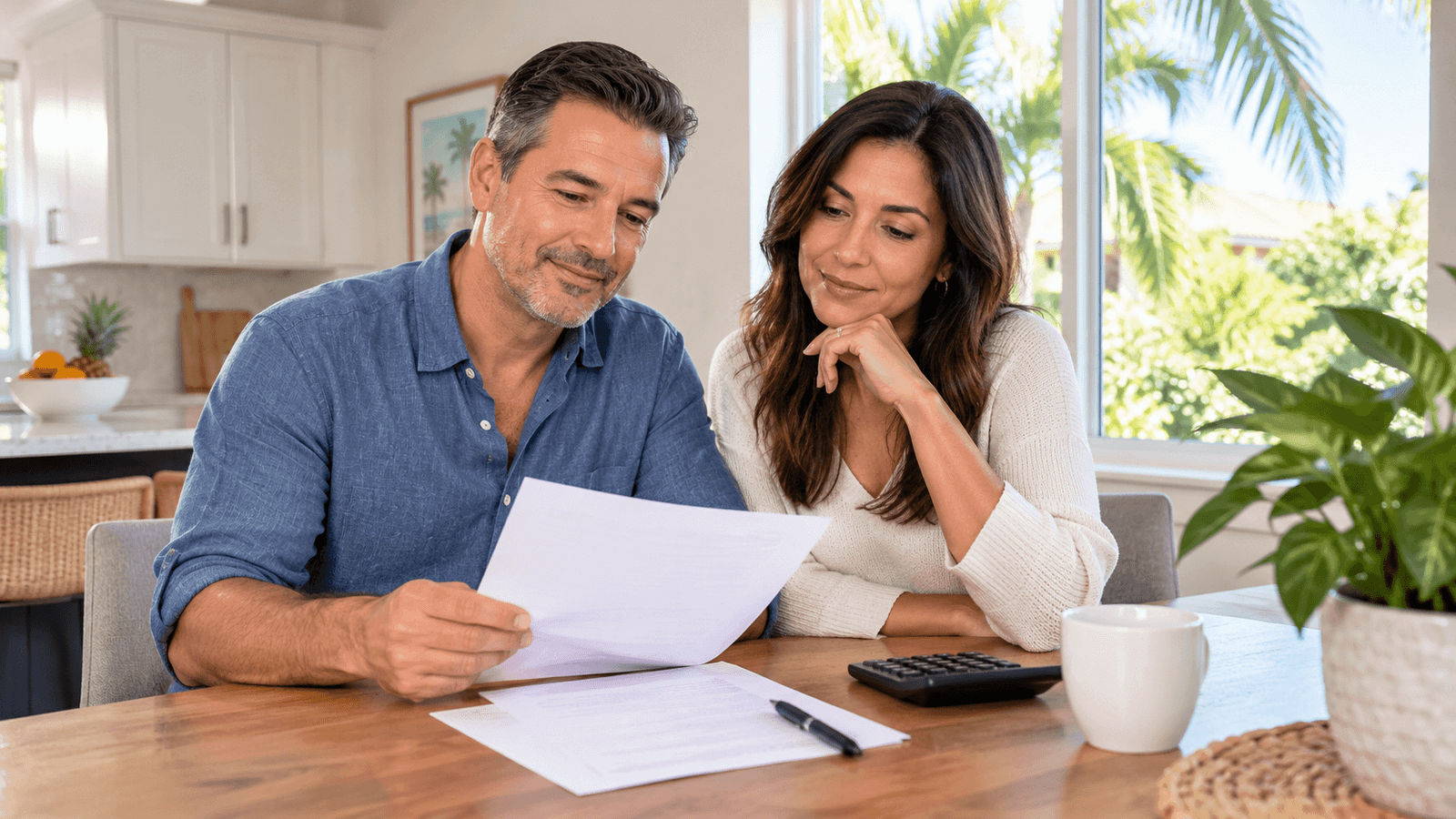 Miami-Dade homeowner reviewing a written cash offer at the kitchen table before deciding to sell house for cash in Miami